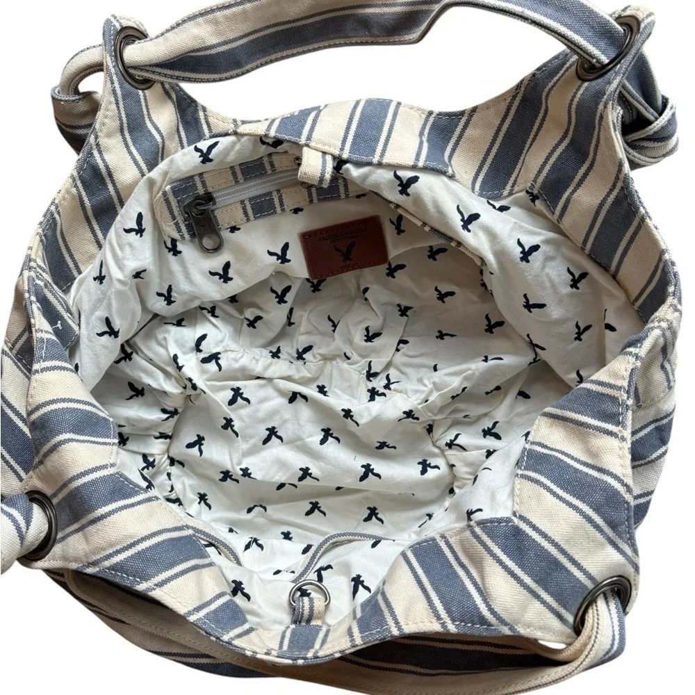AE Striped Canvas Hobo Slouch Bag Double Knotted Handles Blue White Lined Beach